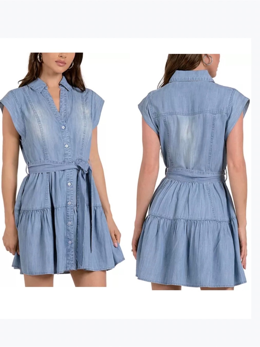 Elan Chambray Denim Shirt Dress Tie Waist Button Front Size M Tencel Western